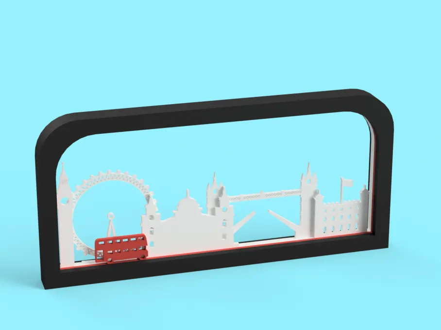 3D gedruckte Shadowbox als Dekoration mit Big Ben und London Eye und anderen Sehenswürdigkeiten.